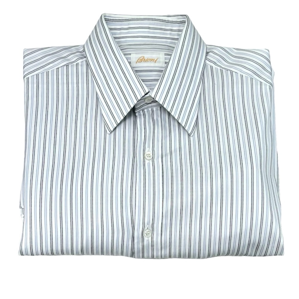 BRIONI WHITE WITH BLUE, BLACK & GRAY STRIPES DRESS SHIRT